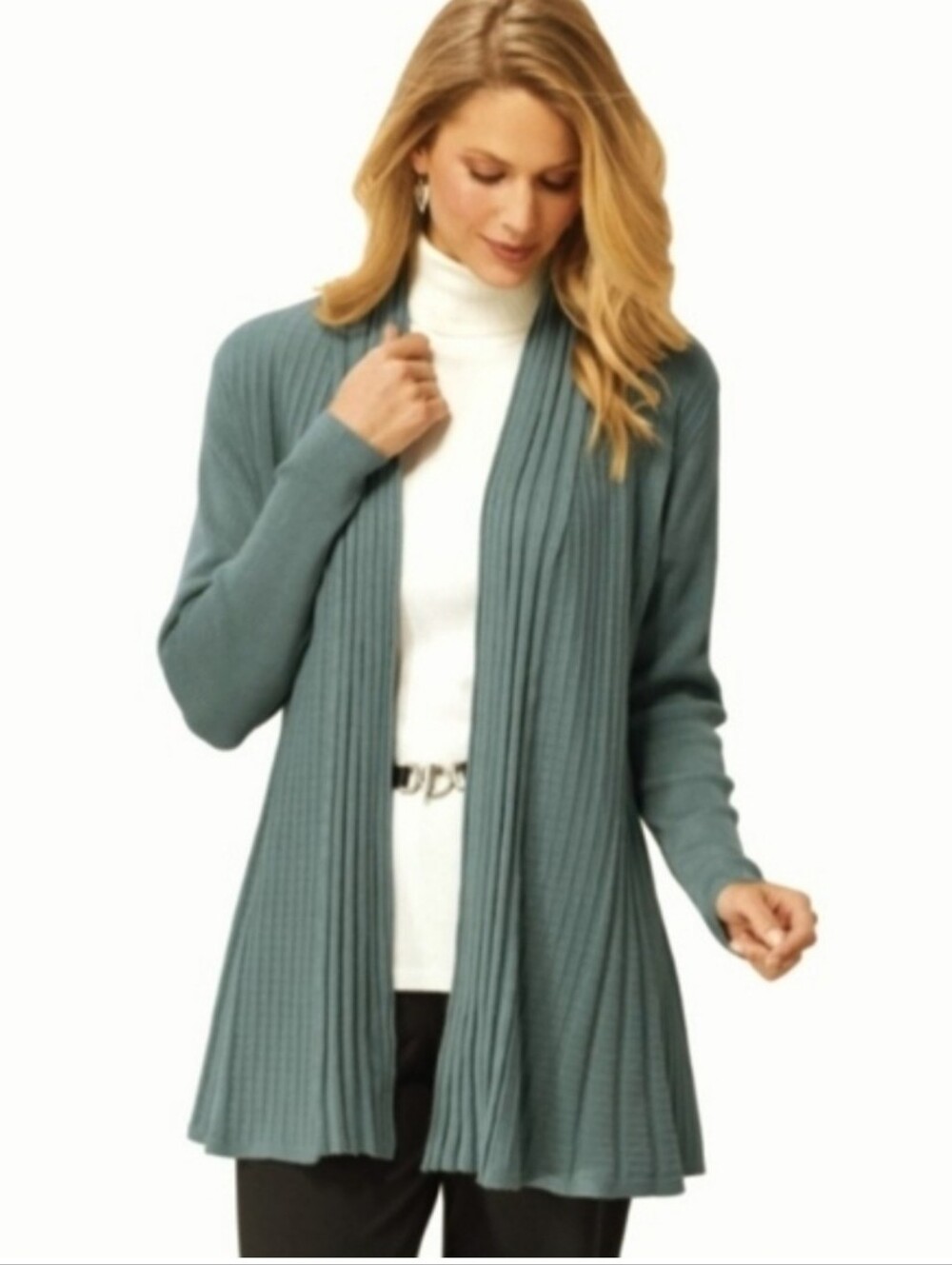NorthStyle Open Front Flyaway Cardigan Sea Glass Viscose Nylon Ribbed Sz L